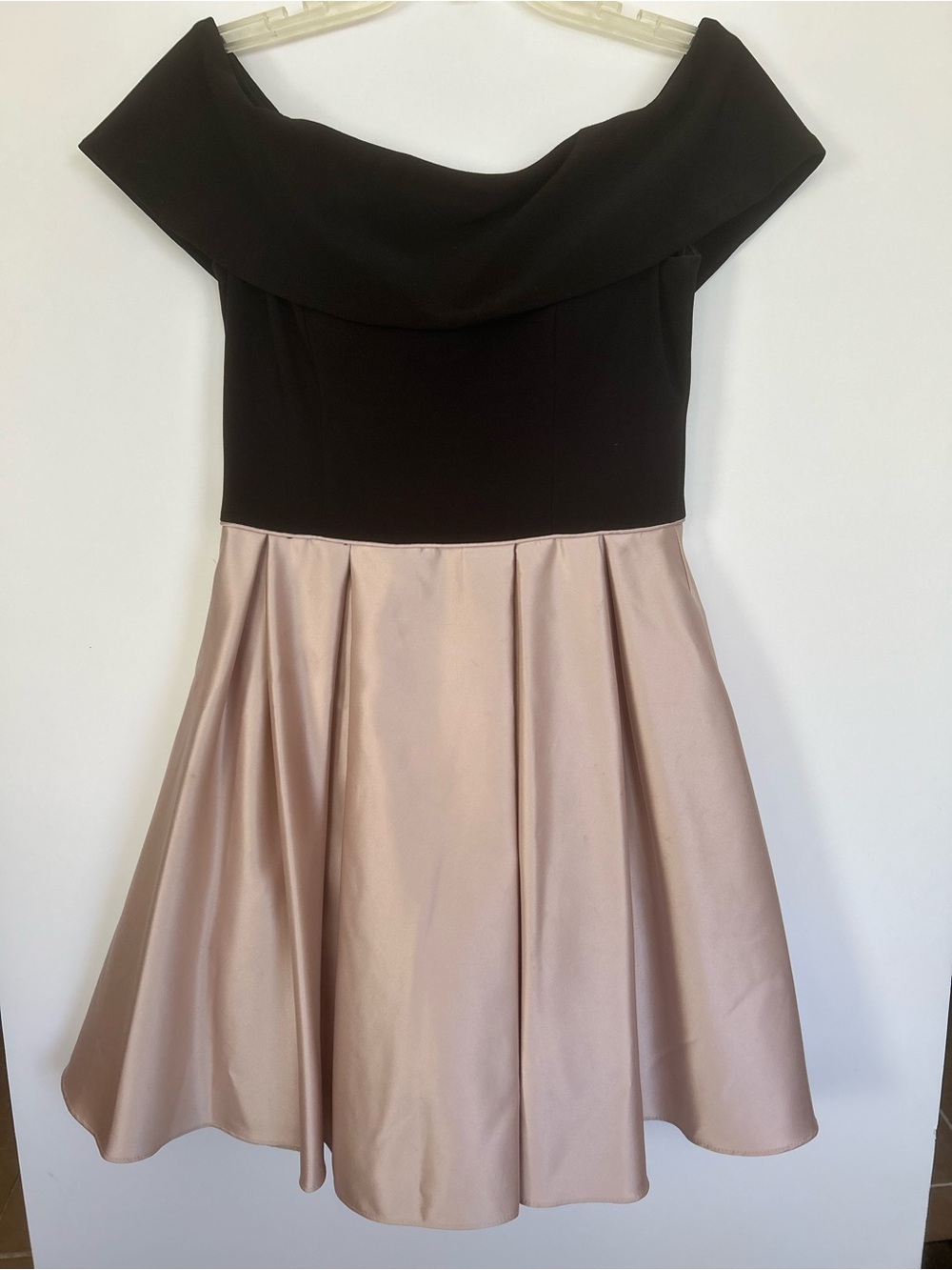 Betsy & Adam Off-Shoulder Black Bodice with Blush Satin Skirt Dress